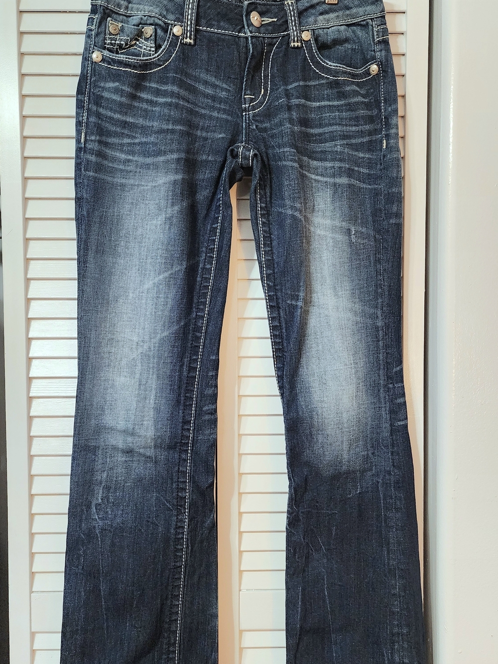 Miss Me Dark Blue Low-Rise Boot Cut Flare Jeans w/ Fading